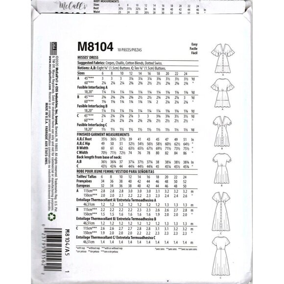 McCall's M8104 Misses 6 to 14 Button Front Dress Uncut Sewing Pattern New - Picture 2 of 2